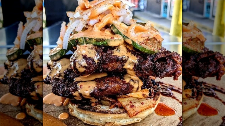 Hot chicken sandwich with kimchi and pickles