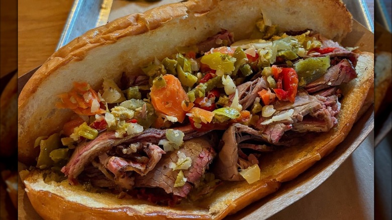 Sliced smoked brisket sandwich