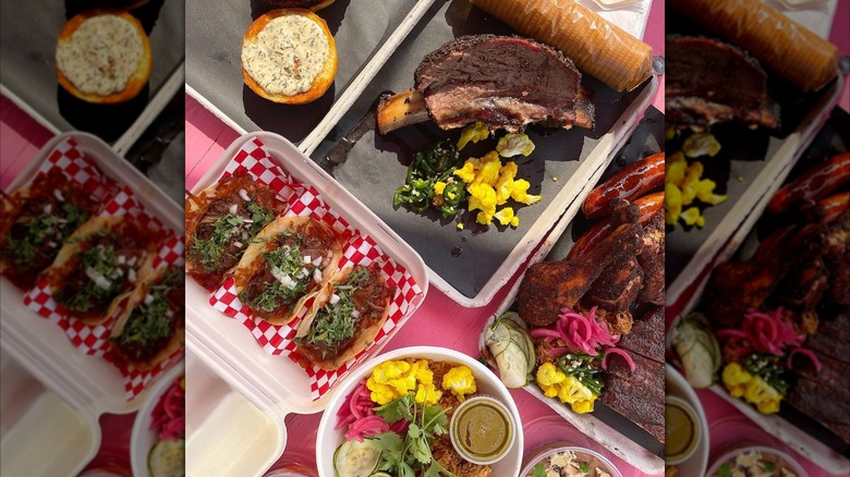 Assortment of BBQ, tacos, ribs, and sides on trays