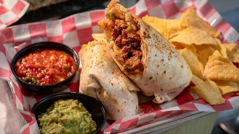 BBQ burritos with salsa, guac, and tortilla chips