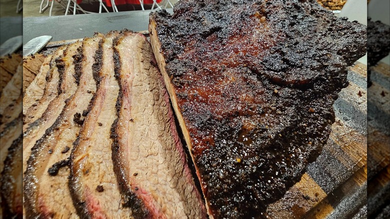 Close-up of brisket being sliced