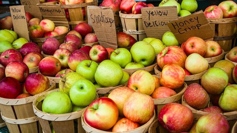 Baskets of various kinds of apples.