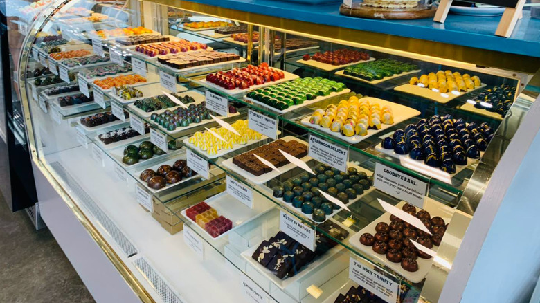 Chocolate candies in a display case