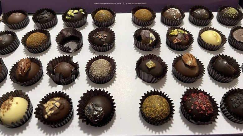 32-piece exotic truffles box, open to show different flavors