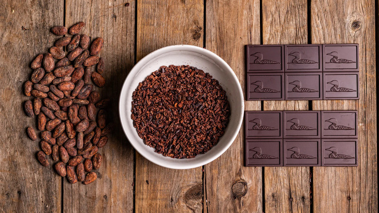 Cacao beans, nibs, and chocolate bar showing Loon Chocolate logo