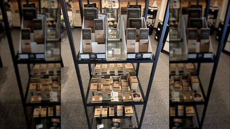 Shelves stocked with several flavors of chocolate bars