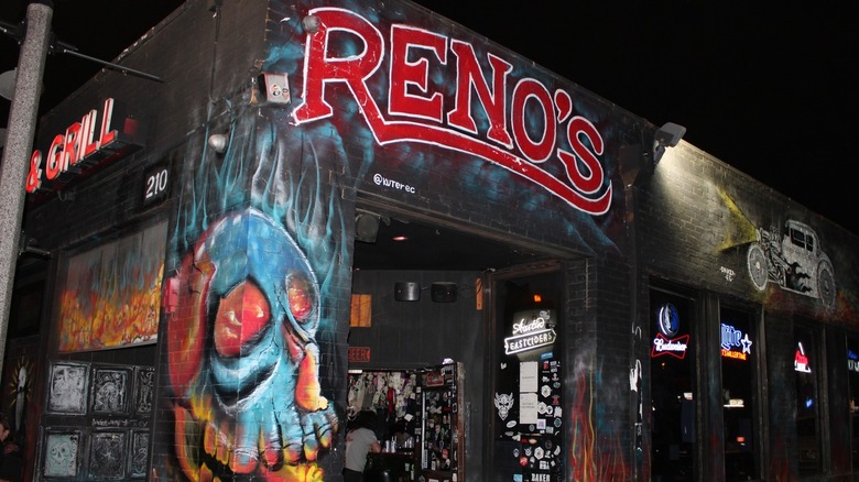 Exterior of Reno's Chop Shop Saloon with graffiti
