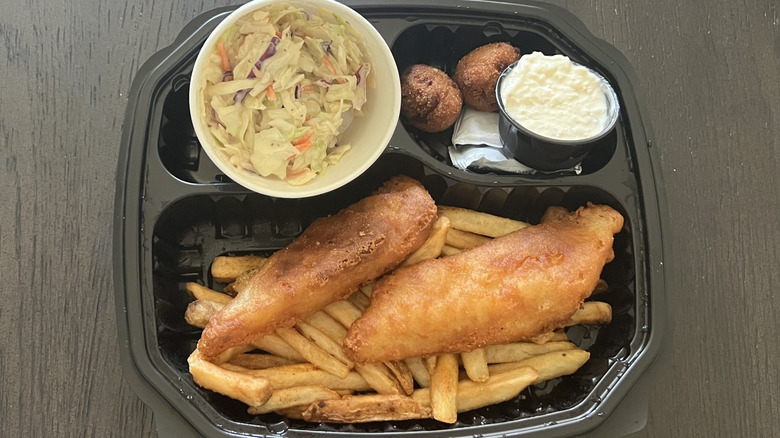 Red Lobster fish and chips in a takeout container.