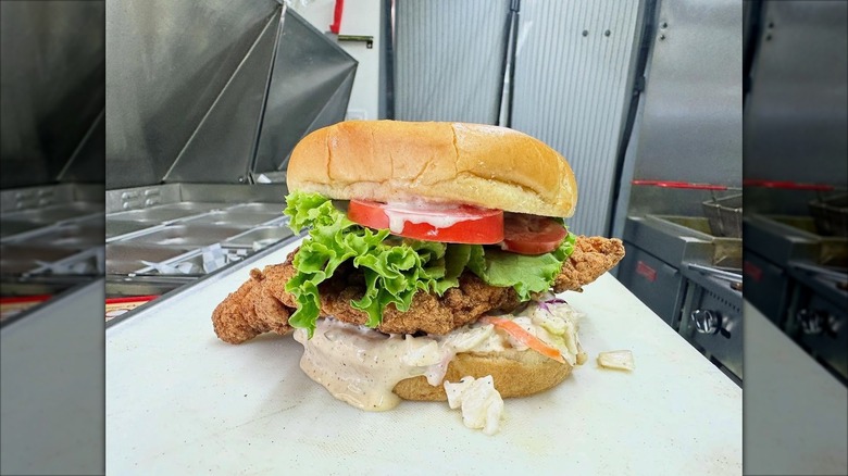 Fried catfish po'boy from North Bar on white counter