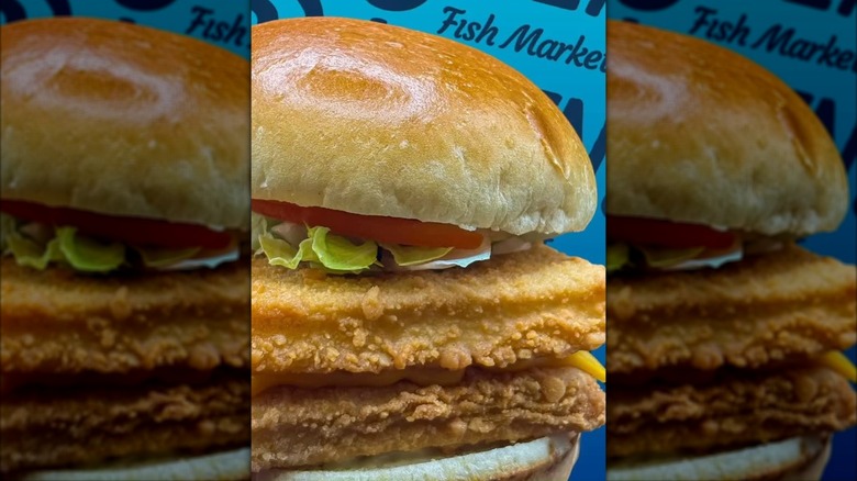Fried fish sandwich with lettuce and tomato on blue background
