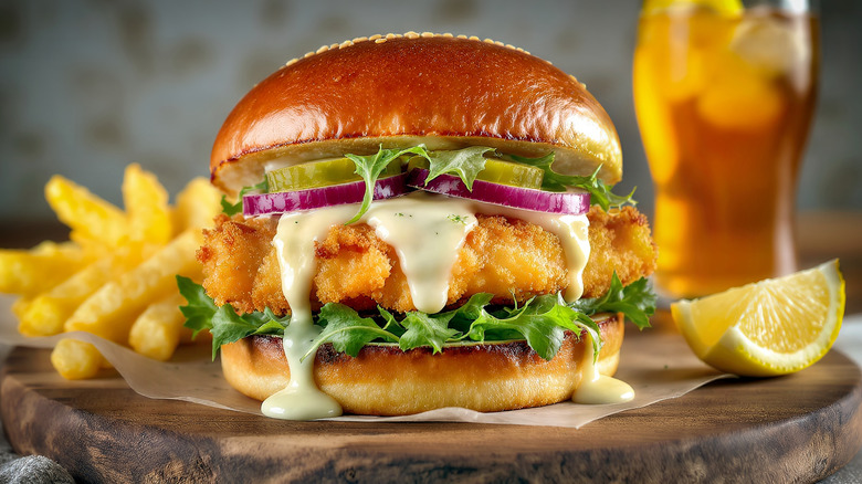 Fried fish burger with pickles, onions, lettuce on bun