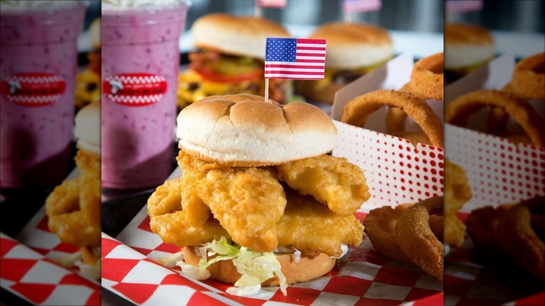 Fish sandwich from Gordy's Hi-Hat on red checkered paper