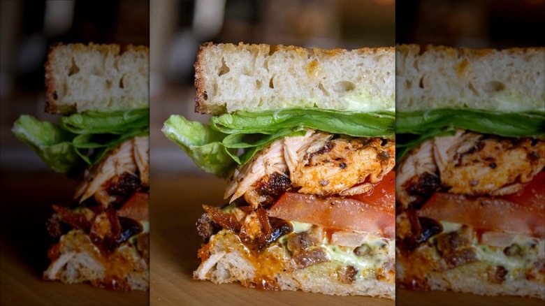 Blackened salmon BLT on focaccia