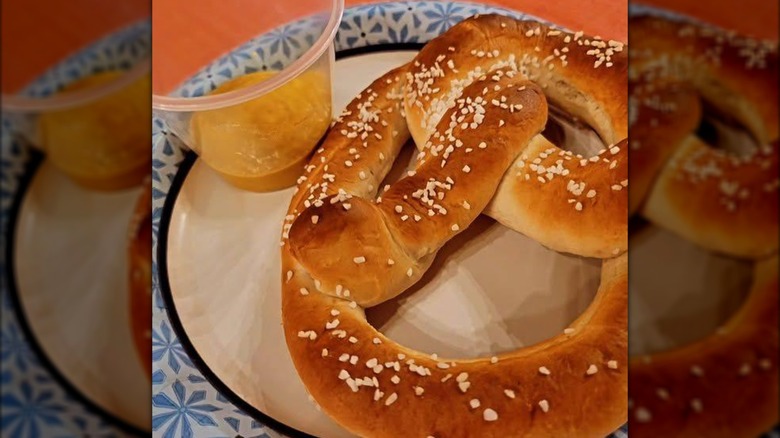 Soft pretzel with salt on a plate