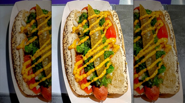 Chicago-style hot dog in tray