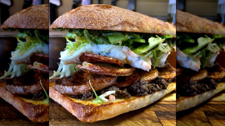 Mushroom, potato, cheese, and dandelion sandwich