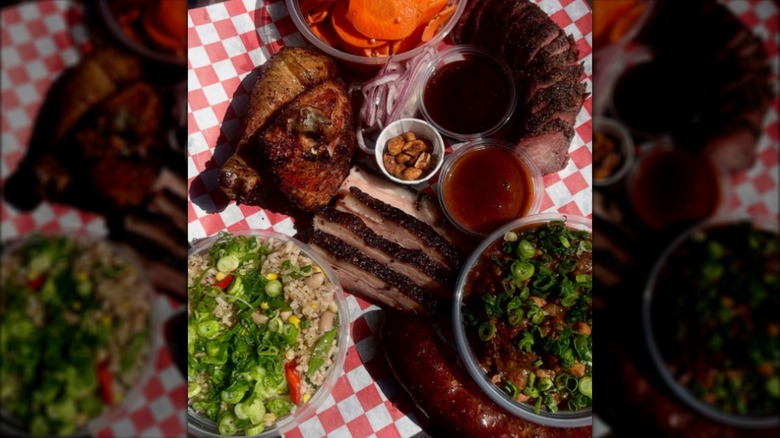 Assortment of BBQ smoked meats and sides