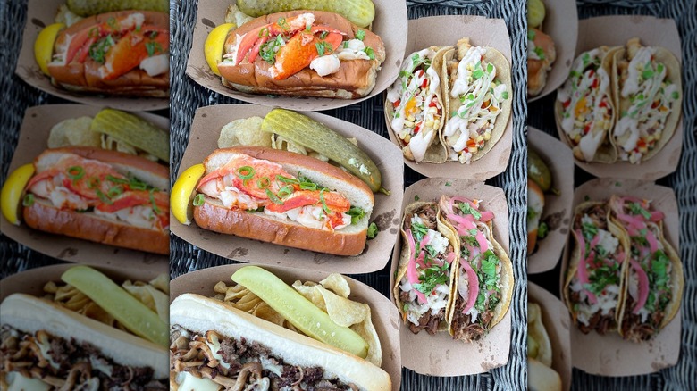 Assortment of tacos, lobster rolls, and a sandwich