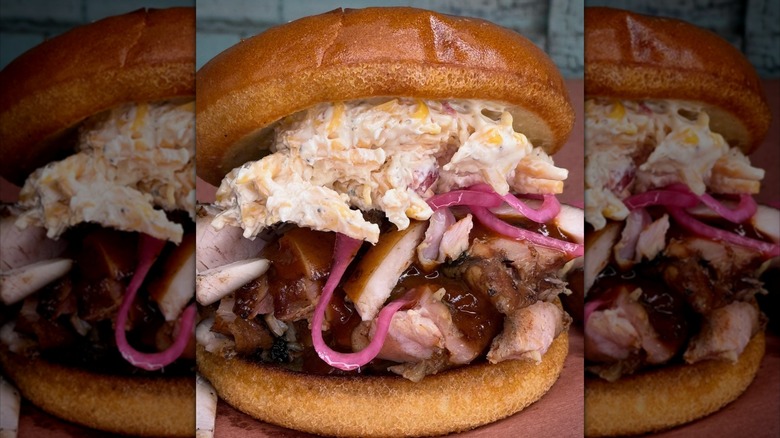 BBQ sandwich with pickled onions and coleslaw