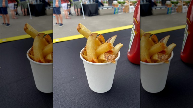 Cup of thick, crispy fries on table