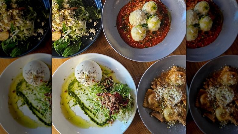 Assorted dishes including ravioli and salad