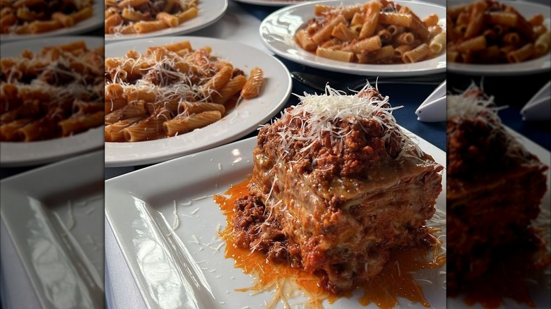Pasta and lasagna dishes on table