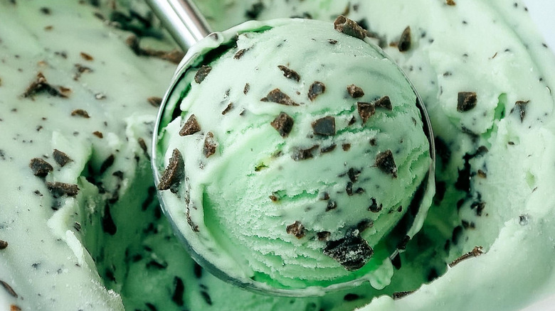 An ice cream scoop full of mint chocolate chip ice cream in a tub
