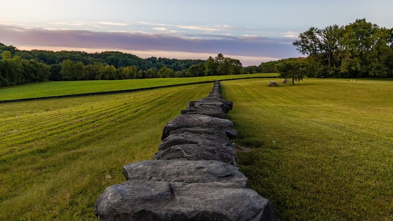 Stone wall, trees, and picnic table at Brandywine Creek State Park