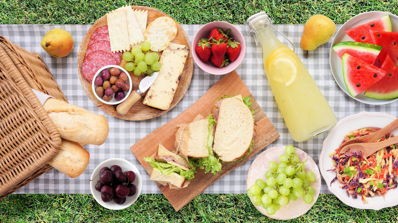 Top view of picnic food on a blanket