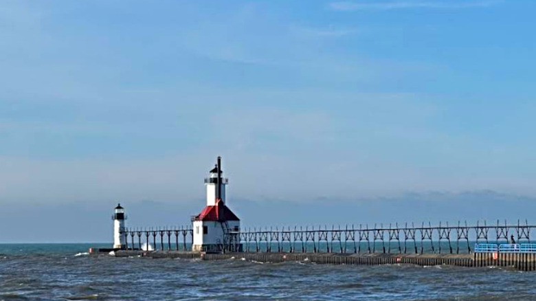 Pier and lighthouse at Silver Beach County Park