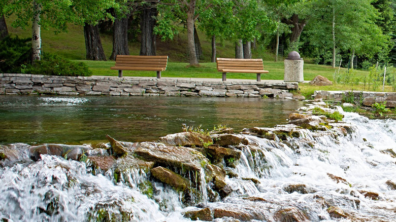 Benches and cascade at Giant Springs State Park