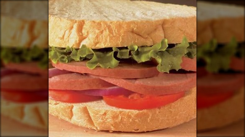 Close-up of a bologna sandwich