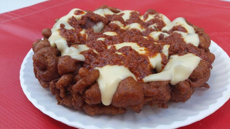 Fied enchilada funnel cake with cheese and chorizo