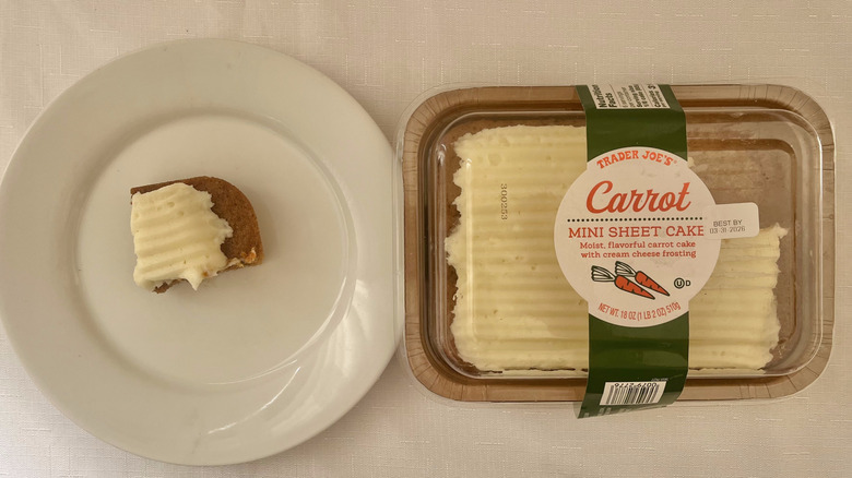 Trader Joe's Carrot Mini Sheet Cake with a slice on a white plate