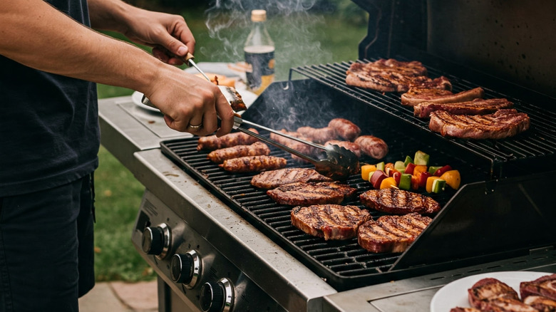 person grilling meat and veg kebabs holding 2 sets of grilling tools
