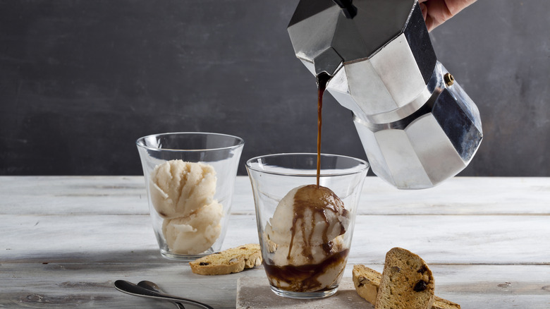 pouring coffee over ice cream