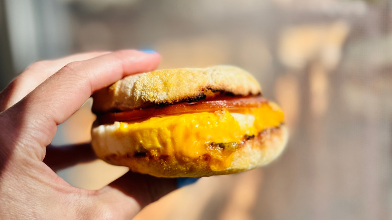 Hand holding an Egg McMuffin.