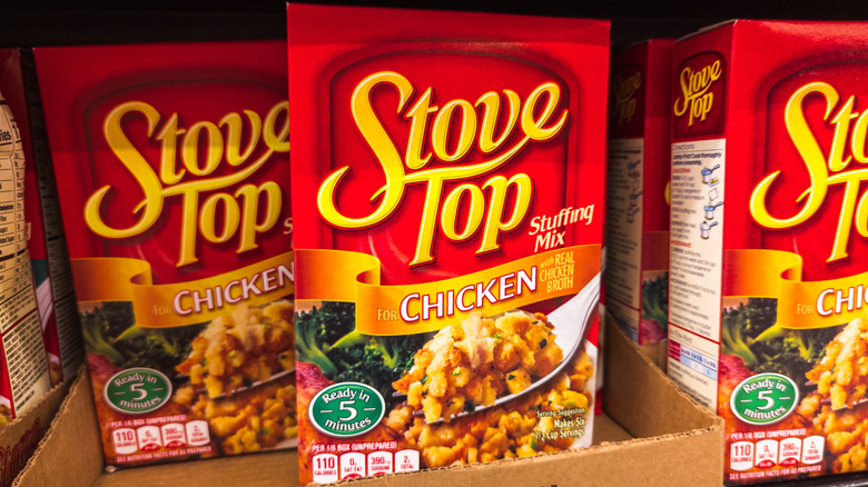 Boxes of Stove Top stuffing on a supermarket shelf