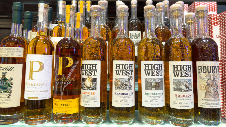 Bourbon Bottles Display on Liquor Store Shelf