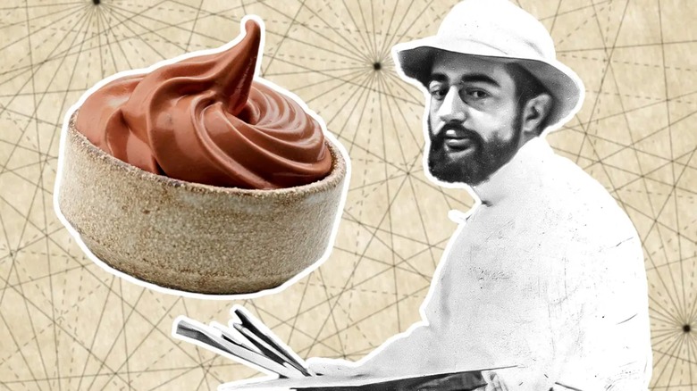 Black and white picture of Toulouse-Lautrec beside a bowl of chocolate mousse