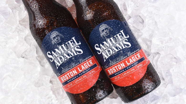 Two bottles of Sam Adams Boston Lager on ice