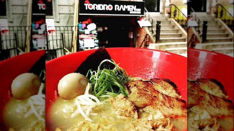 Bowl of ramen in front of Toribro Ramen