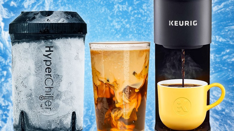 keurig machine with hyerchiller cup and glass of iced coffee