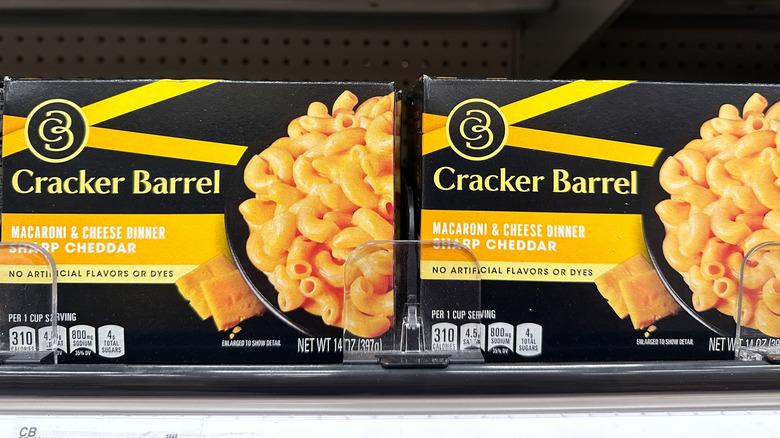Cracker Barrel boxed mac and cheese on the grocery stores shelf