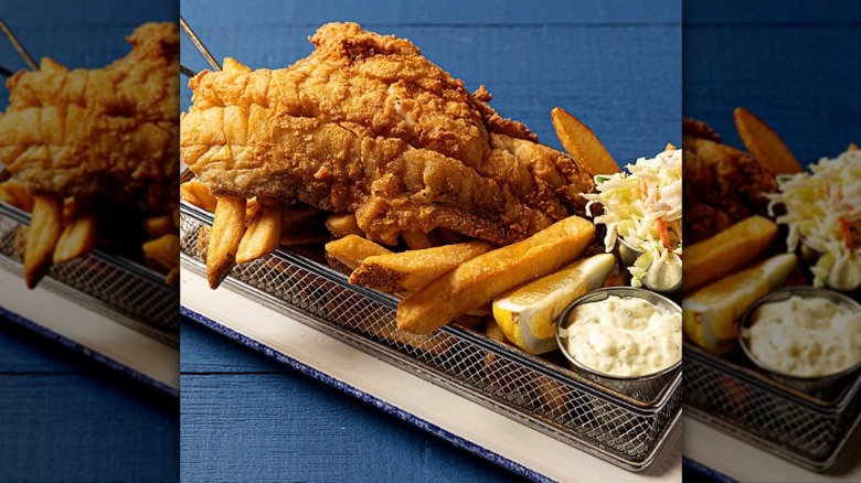 Legal Sea Foods' fish and chips dish with fries and coleslaw