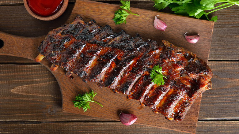 Whole rack of grilled barbecue ribs