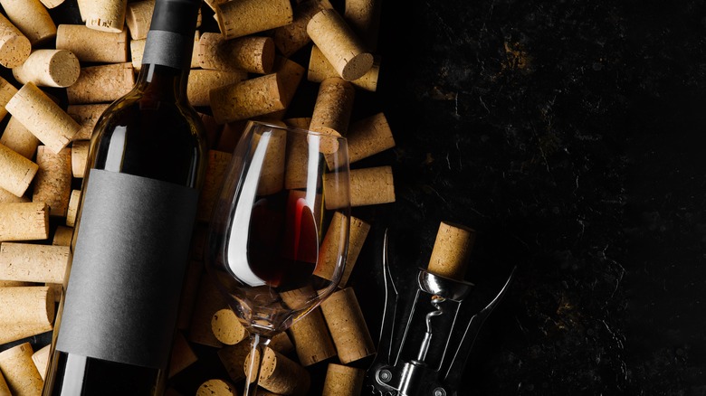 Red wine bottle and glass laying on corks