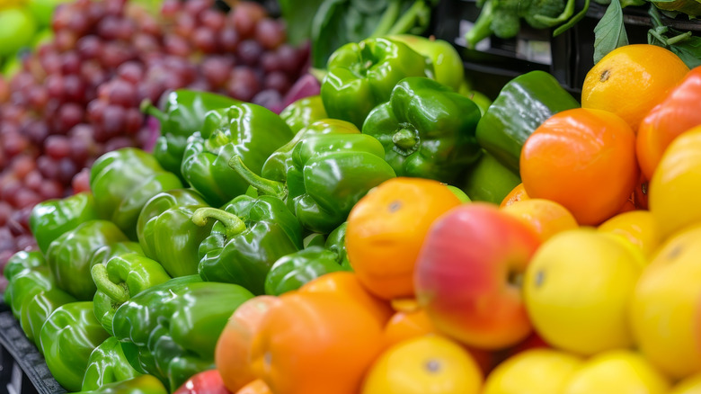 Fruits and veggies in supermarket produce section