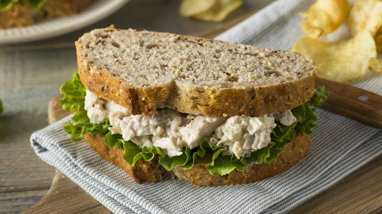 Chicken salad sandwich with chips