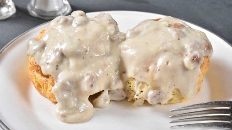 Biscuits with sausage gravy on a plate